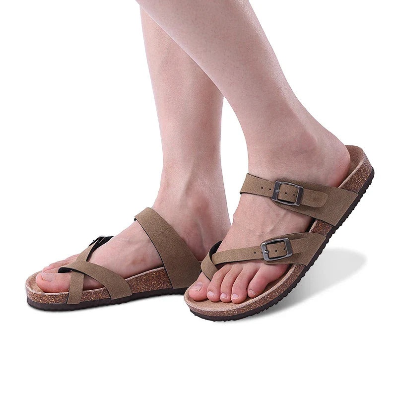 Comwarm Fashion Women's Suede Mules Slippers Men Clogs Cork Insole Sandals With Arch Support Outdoor Beach Slides Home Shoes
